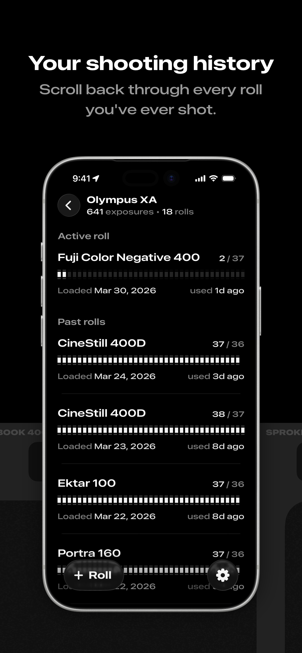 Roll history showing film stocks and frame counts over time